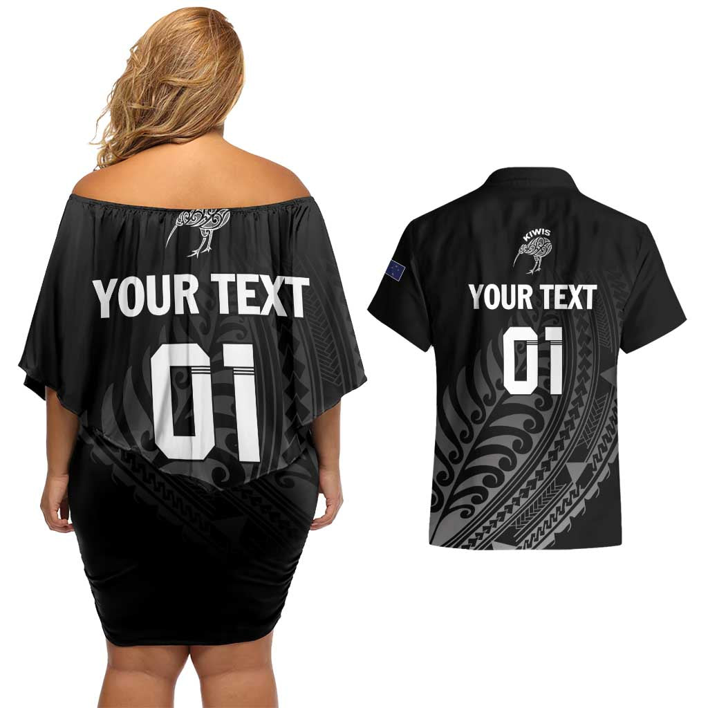 Custom New Zealand Cricket Couples Matching Off Shoulder Short Dress and Hawaiian Shirt Maori Kiwi Black Fern LT01 - Polynesian Pride