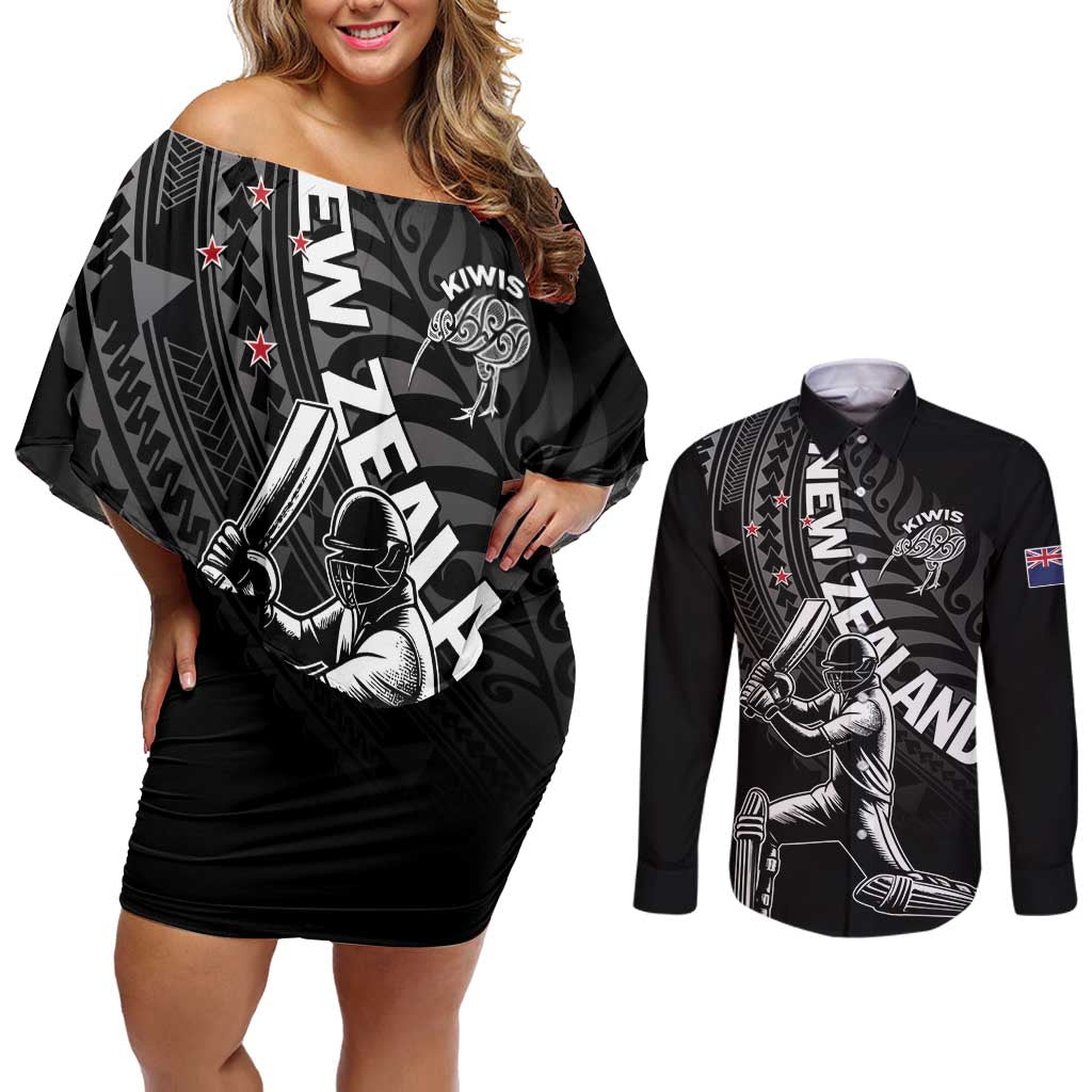 Custom New Zealand Cricket Couples Matching Off Shoulder Short Dress and Long Sleeve Button Shirt Maori Kiwi Black Fern LT01 Black - Polynesian Pride