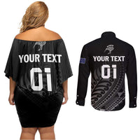 Custom New Zealand Cricket Couples Matching Off Shoulder Short Dress and Long Sleeve Button Shirt Maori Kiwi Black Fern LT01 - Polynesian Pride