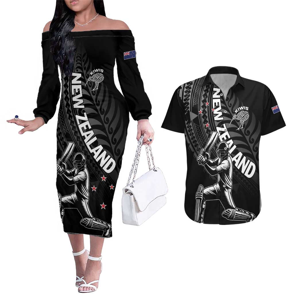 Custom New Zealand Cricket Couples Matching Off The Shoulder Long Sleeve Dress and Hawaiian Shirt Maori Kiwi Black Fern LT01 Black - Polynesian Pride