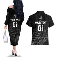 Custom New Zealand Cricket Couples Matching Off The Shoulder Long Sleeve Dress and Hawaiian Shirt Maori Kiwi Black Fern LT01 - Polynesian Pride