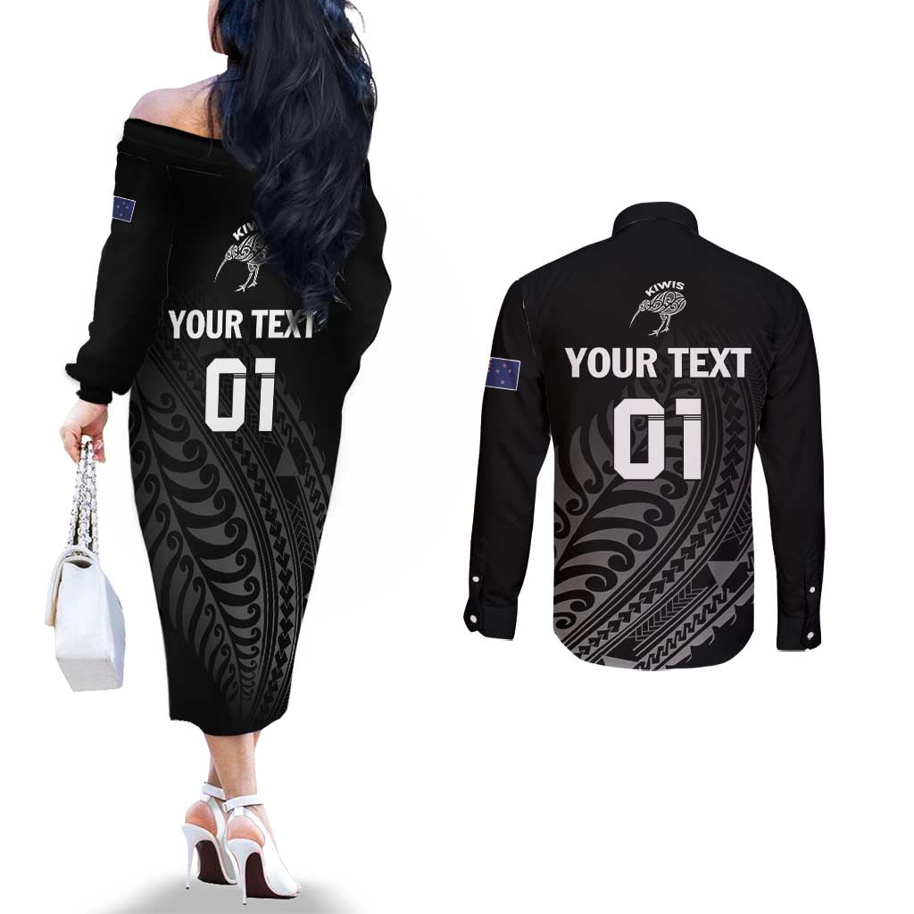 Custom New Zealand Cricket Couples Matching Off The Shoulder Long Sleeve Dress and Long Sleeve Button Shirt Maori Kiwi Black Fern LT01 - Polynesian Pride