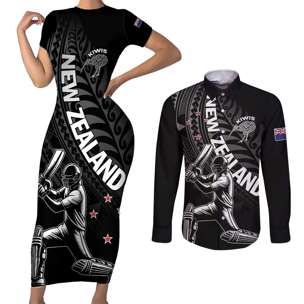 Custom New Zealand Cricket Couples Matching Short Sleeve Bodycon Dress and Long Sleeve Button Shirt Maori Kiwi Black Fern LT01 Black - Polynesian Pride
