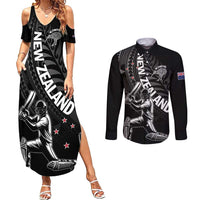 Custom New Zealand Cricket Couples Matching Summer Maxi Dress and Long Sleeve Button Shirt Maori Kiwi Black Fern LT01 Black - Polynesian Pride