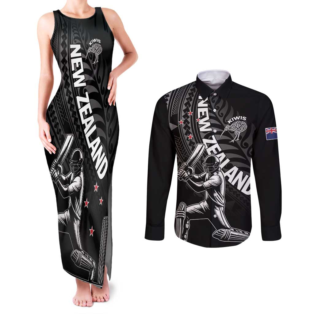 Custom New Zealand Cricket Couples Matching Tank Maxi Dress and Long Sleeve Button Shirt Maori Kiwi Black Fern LT01 Black - Polynesian Pride