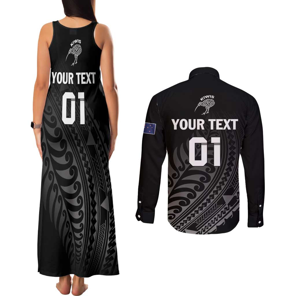 Custom New Zealand Cricket Couples Matching Tank Maxi Dress and Long Sleeve Button Shirt Maori Kiwi Black Fern LT01 - Polynesian Pride