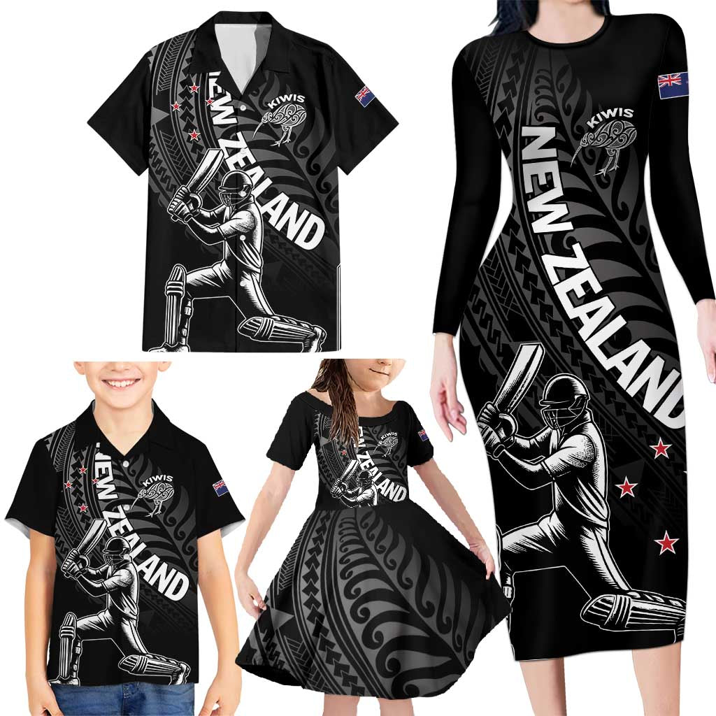 Custom New Zealand Cricket Family Matching Long Sleeve Bodycon Dress and Hawaiian Shirt Maori Kiwi Black Fern LT01 - Polynesian Pride
