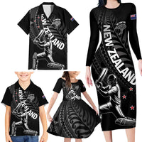 Custom New Zealand Cricket Family Matching Long Sleeve Bodycon Dress and Hawaiian Shirt Maori Kiwi Black Fern LT01 - Polynesian Pride