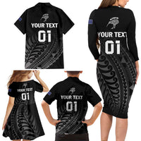 Custom New Zealand Cricket Family Matching Long Sleeve Bodycon Dress and Hawaiian Shirt Maori Kiwi Black Fern LT01 - Polynesian Pride