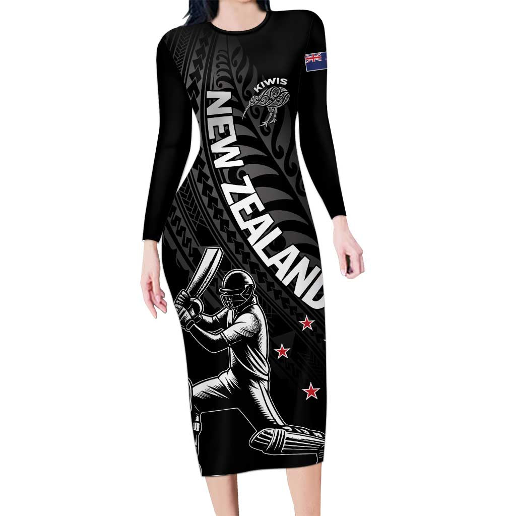 Custom New Zealand Cricket Family Matching Long Sleeve Bodycon Dress and Hawaiian Shirt Maori Kiwi Black Fern LT01 Mom's Dress Black - Polynesian Pride