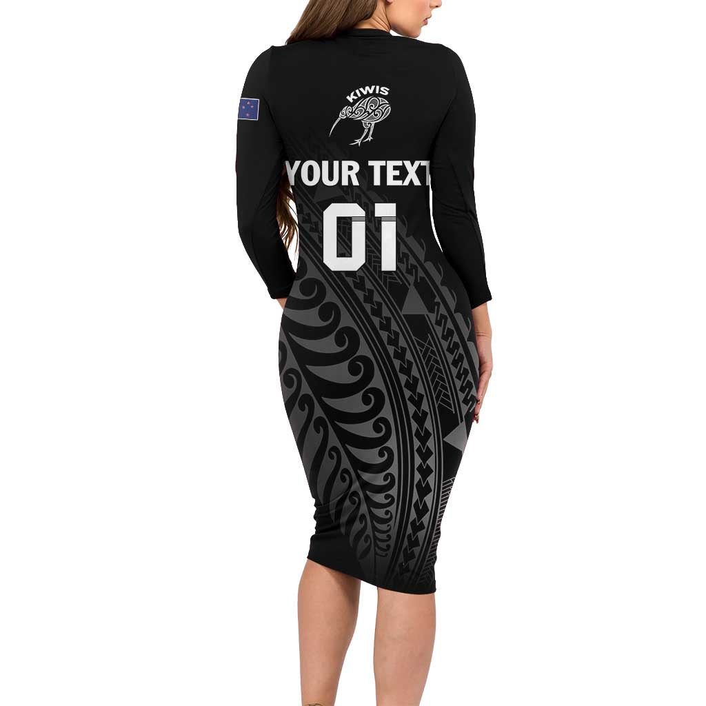 Custom New Zealand Cricket Family Matching Long Sleeve Bodycon Dress and Hawaiian Shirt Maori Kiwi Black Fern LT01 - Polynesian Pride