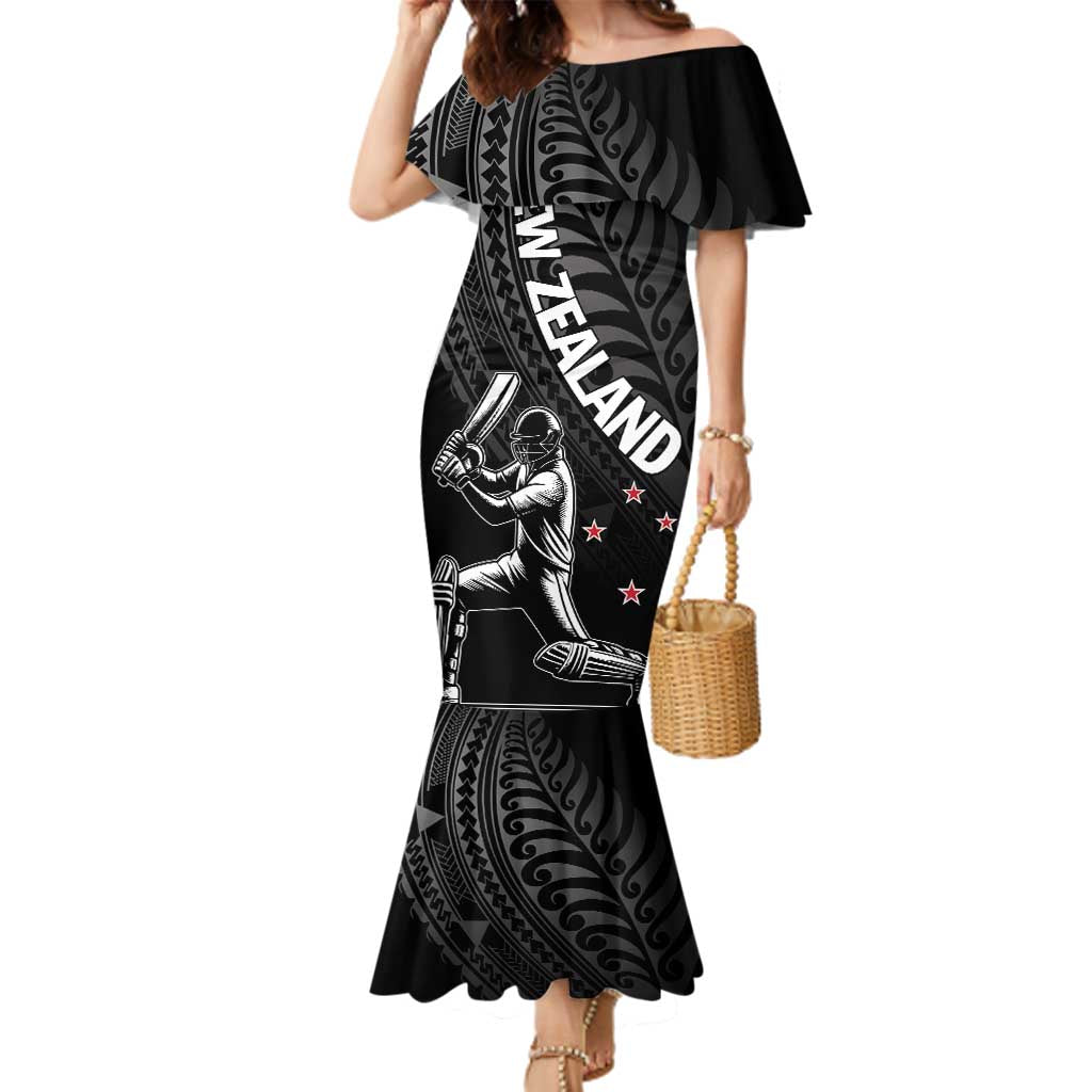 Custom New Zealand Cricket Family Matching Mermaid Dress and Hawaiian Shirt Maori Kiwi Black Fern LT01 Mom's Dress Black - Polynesian Pride