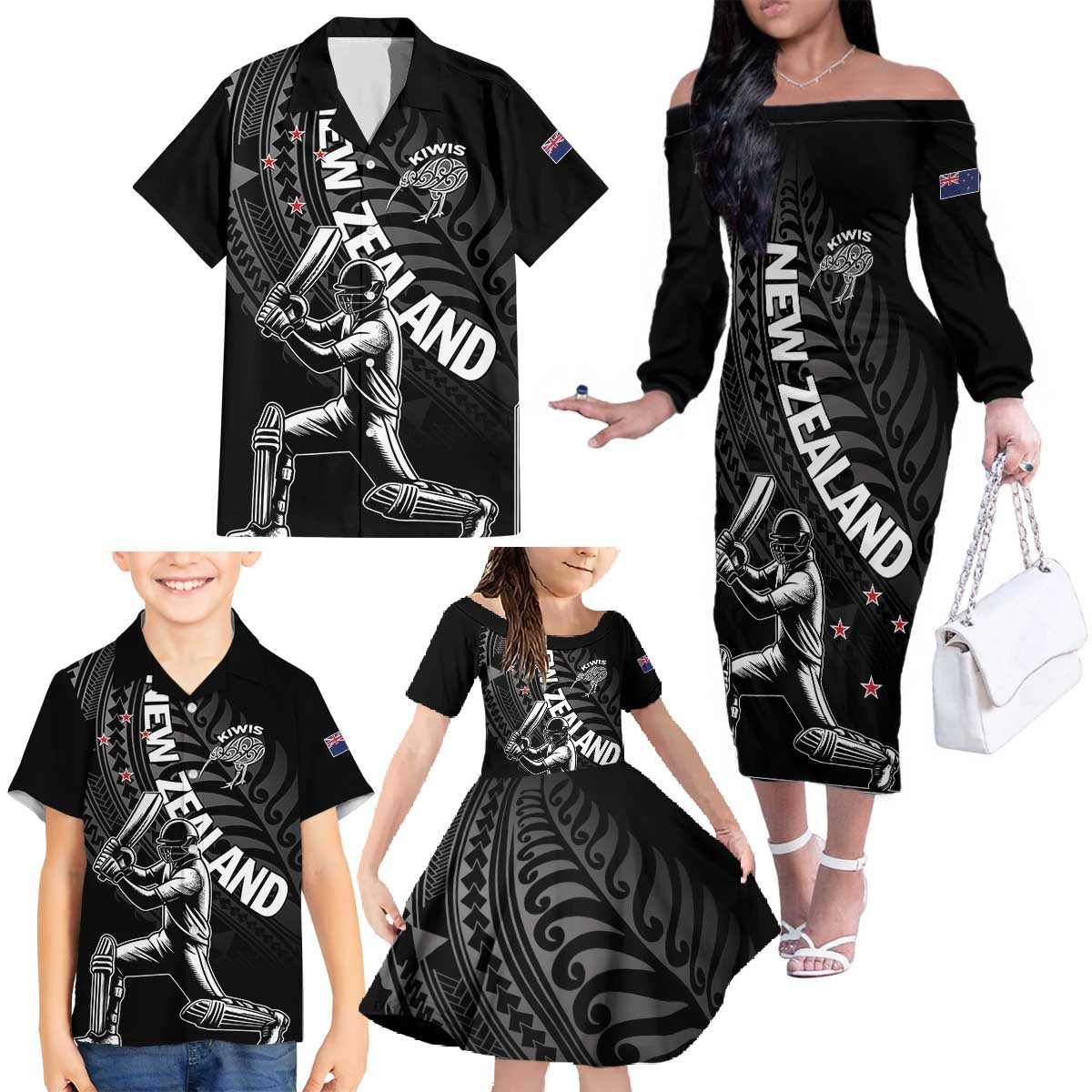 Custom New Zealand Cricket Family Matching Off The Shoulder Long Sleeve Dress and Hawaiian Shirt Maori Kiwi Black Fern LT01 - Polynesian Pride