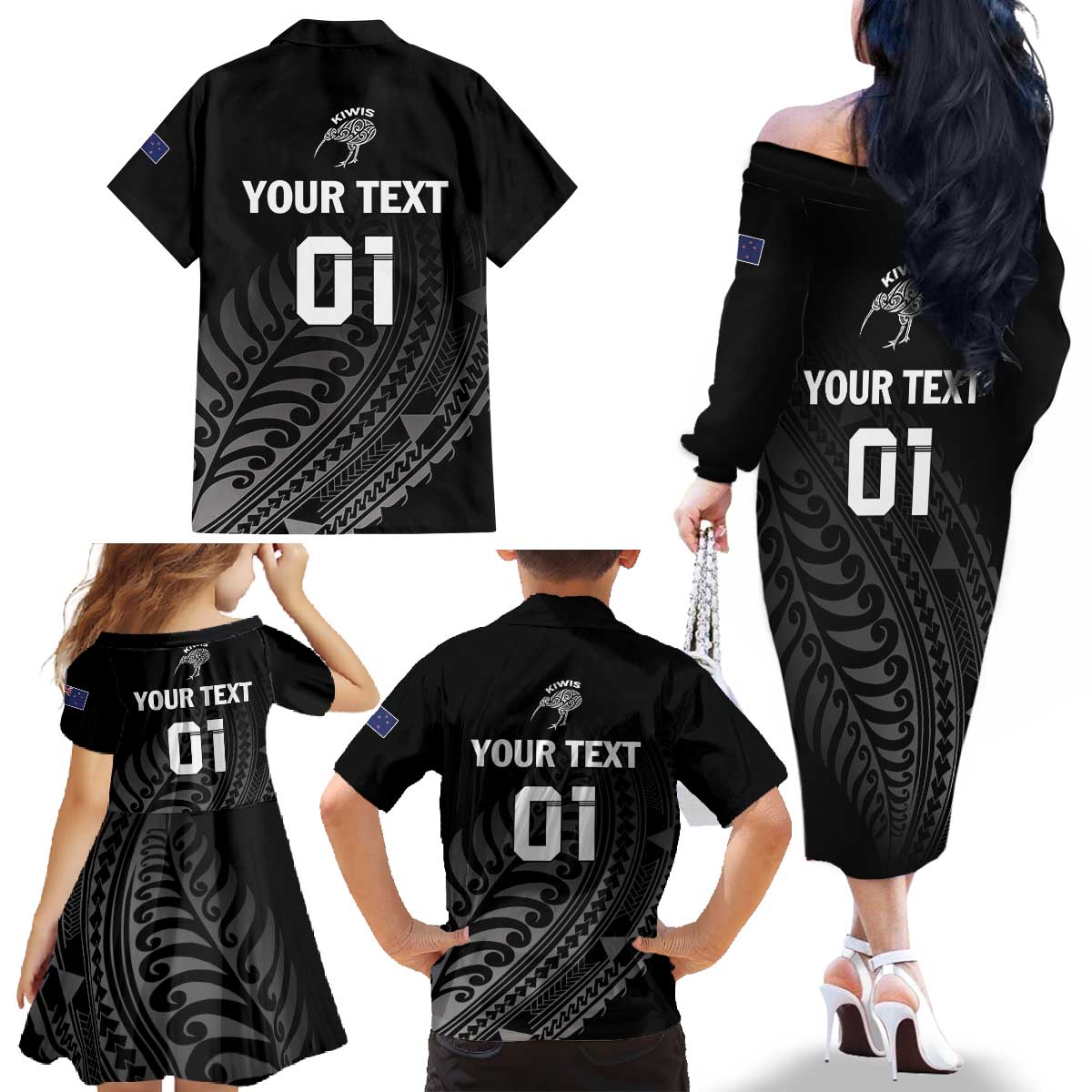 Custom New Zealand Cricket Family Matching Off The Shoulder Long Sleeve Dress and Hawaiian Shirt Maori Kiwi Black Fern LT01 - Polynesian Pride