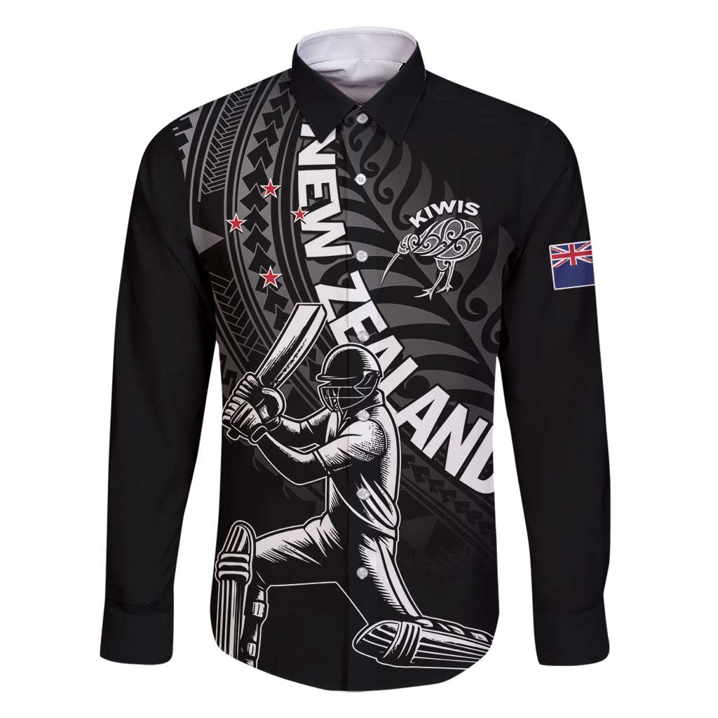 Custom New Zealand Cricket Family Matching Off Shoulder Maxi Dress and Hawaiian Shirt Maori Kiwi Black Fern LT01 Dad's Shirt - Long Sleeve Black - Polynesian Pride