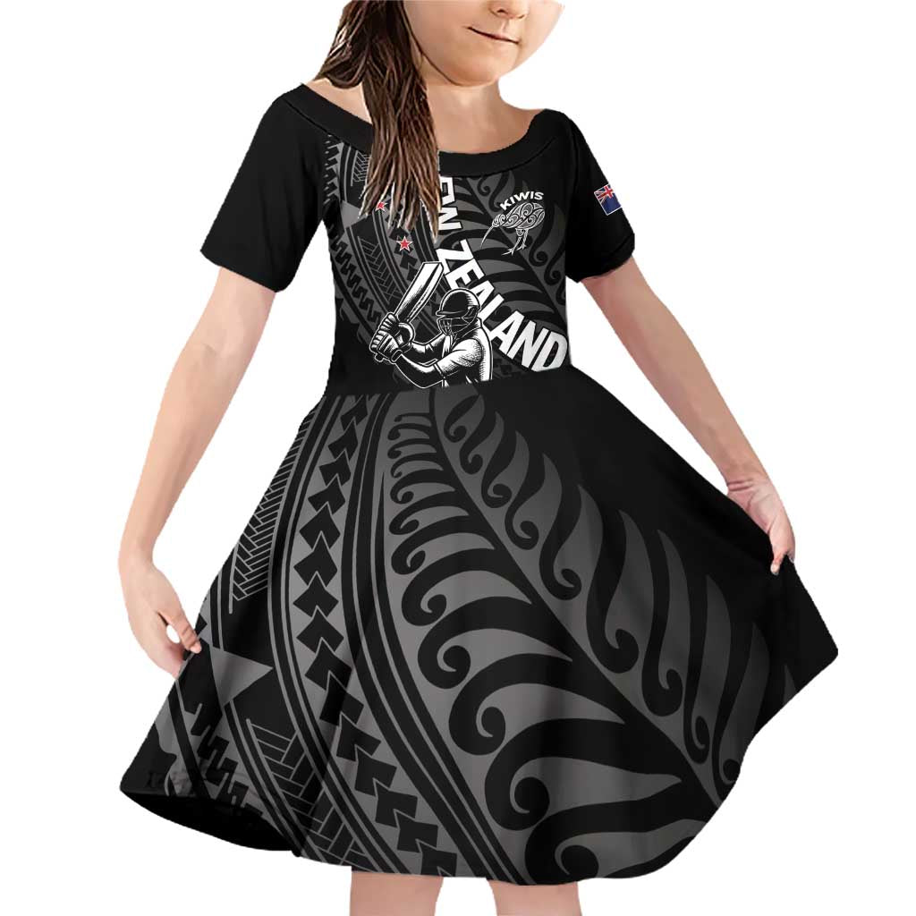 Custom New Zealand Cricket Family Matching Off Shoulder Short Dress and Hawaiian Shirt Maori Kiwi Black Fern LT01 Daughter's Dress Black - Polynesian Pride