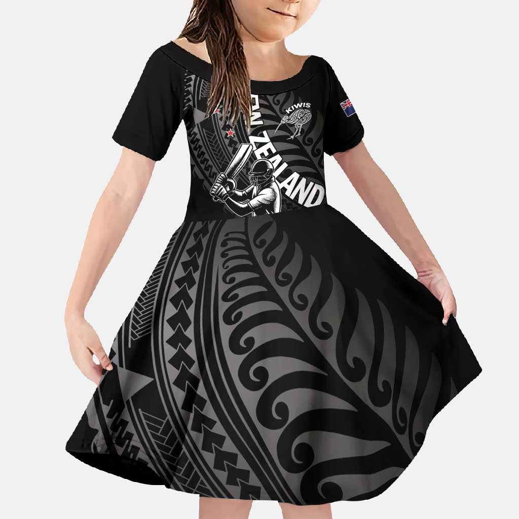 Custom New Zealand Cricket Family Matching Short Sleeve Bodycon Dress and Hawaiian Shirt Maori Kiwi Black Fern LT01 Daughter's Dress Black - Polynesian Pride