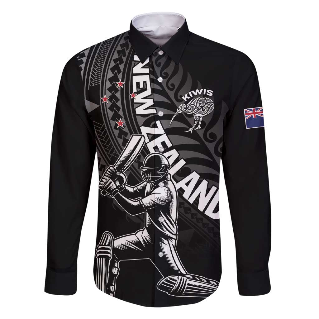 Custom New Zealand Cricket Family Matching Short Sleeve Bodycon Dress and Hawaiian Shirt Maori Kiwi Black Fern LT01 Dad's Shirt - Long Sleeve Black - Polynesian Pride
