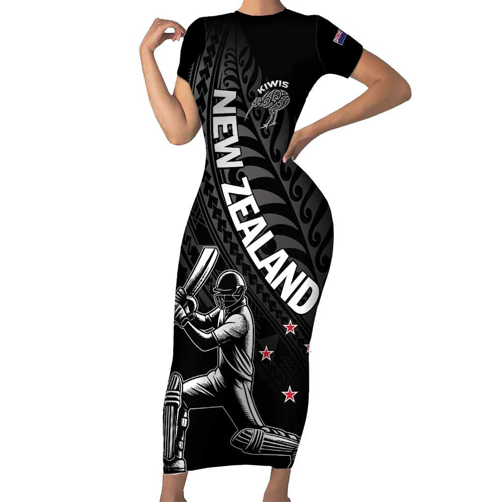 Custom New Zealand Cricket Family Matching Short Sleeve Bodycon Dress and Hawaiian Shirt Maori Kiwi Black Fern LT01 Mom's Dress Black - Polynesian Pride