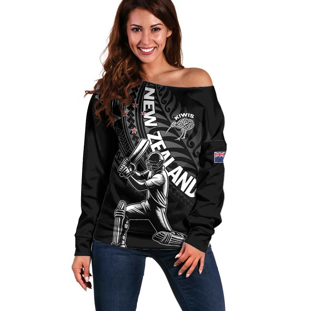 Custom New Zealand Cricket Off Shoulder Sweater Maori Kiwi Black Fern