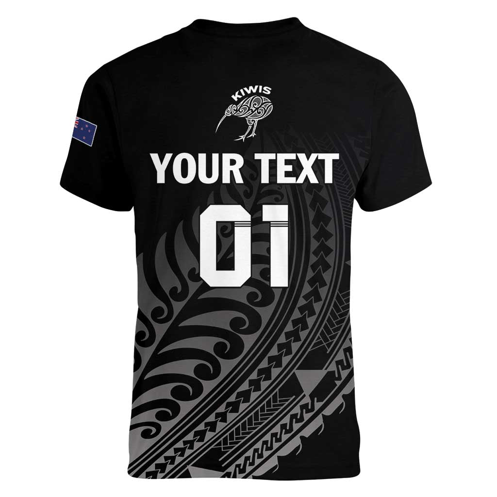 Custom New Zealand Cricket Women V-Neck T-Shirt Maori Kiwi Black Fern LT01 - Polynesian Pride