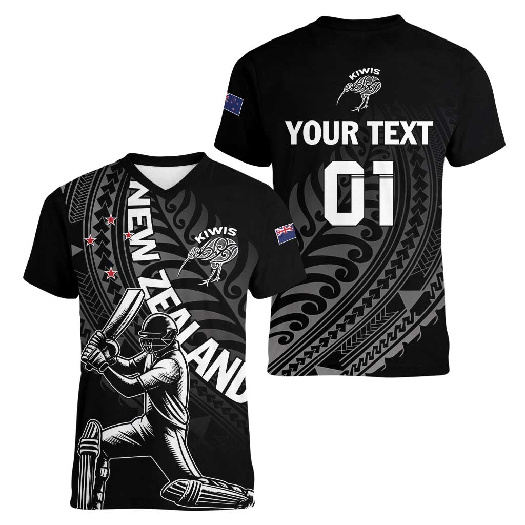 Custom New Zealand Cricket Women V-Neck T-Shirt Maori Kiwi Black Fern LT01 - Polynesian Pride