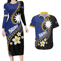 Personalised Nauru Couples Matching Long Sleeve Bodycon Dress and Hawaiian Shirt Naoero Proud Plumeria LT01 Blue - Polynesian Pride
