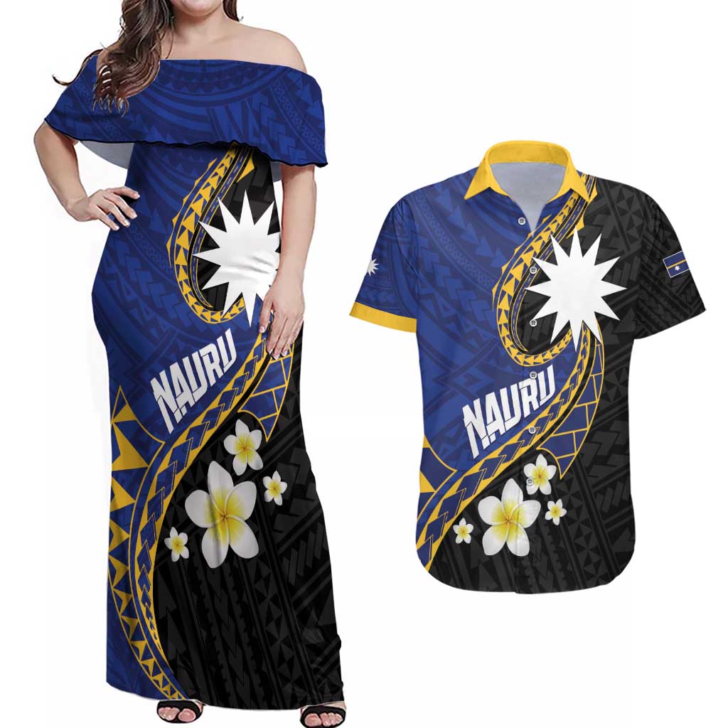 Personalised Nauru Couples Matching Off Shoulder Maxi Dress and Hawaiian Shirt Naoero Proud Plumeria LT01 Blue - Polynesian Pride
