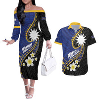 Personalised Nauru Couples Matching Off The Shoulder Long Sleeve Dress and Hawaiian Shirt Naoero Proud Plumeria LT01 Blue - Polynesian Pride