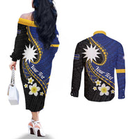 Personalised Nauru Couples Matching Off The Shoulder Long Sleeve Dress and Long Sleeve Button Shirt Naoero Proud Plumeria
