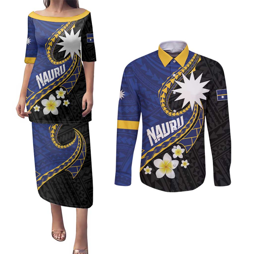 Personalised Nauru Couples Matching Puletasi and Long Sleeve Button Shirt Naoero Proud Plumeria LT01 Blue - Polynesian Pride
