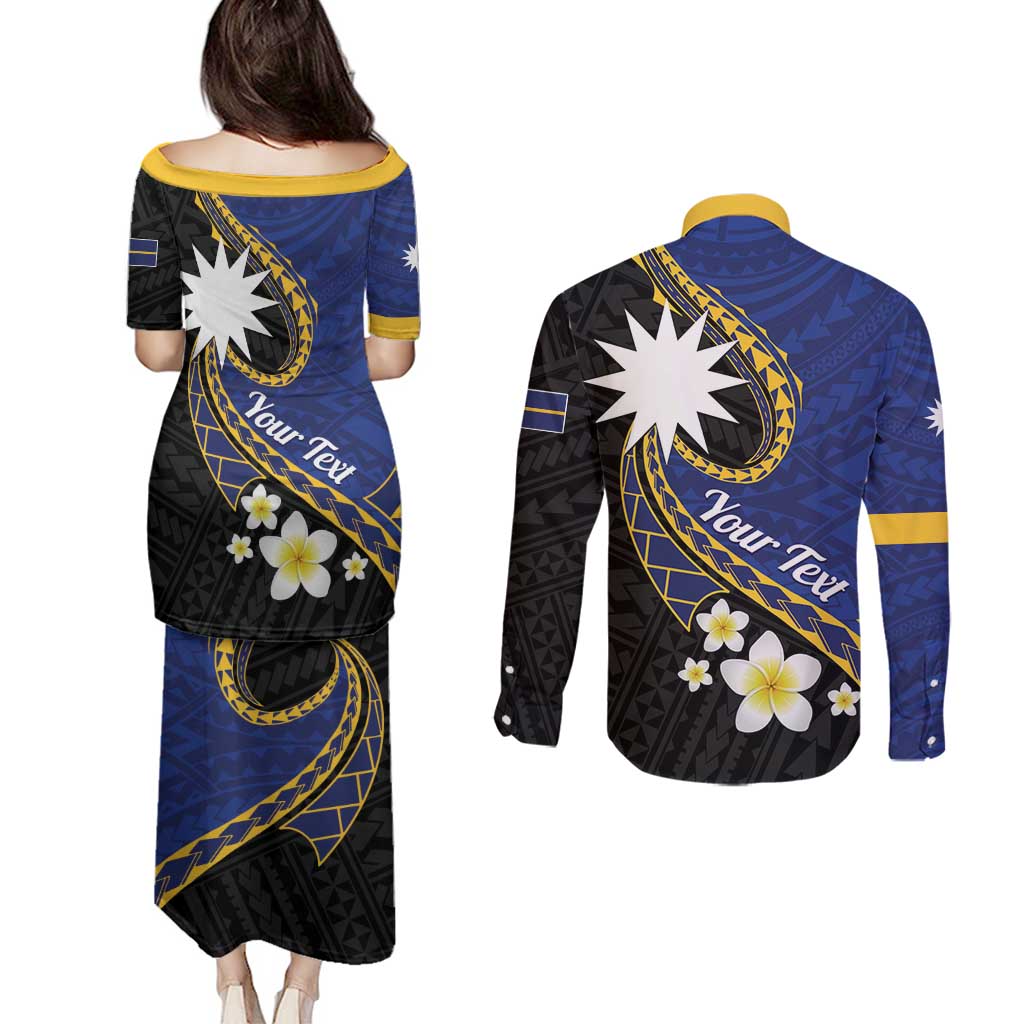 Personalised Nauru Couples Matching Puletasi and Long Sleeve Button Shirt Naoero Proud Plumeria