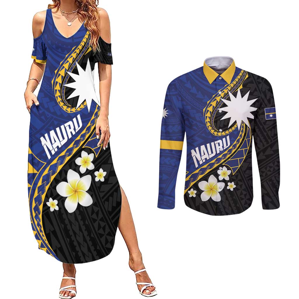 Personalised Nauru Couples Matching Summer Maxi Dress and Long Sleeve Button Shirt Naoero Proud Plumeria LT01 Blue - Polynesian Pride