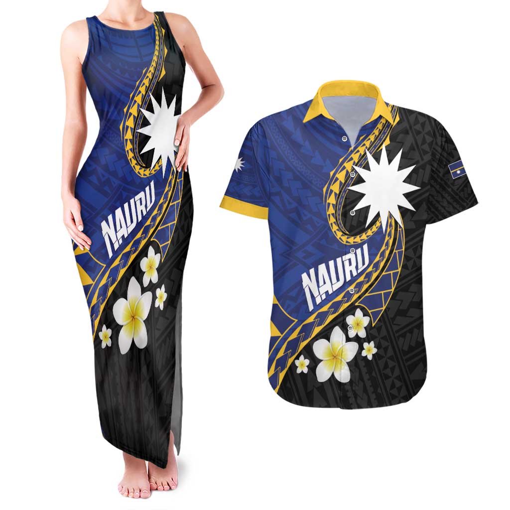 Personalised Nauru Couples Matching Tank Maxi Dress and Hawaiian Shirt Naoero Proud Plumeria LT01 Blue - Polynesian Pride