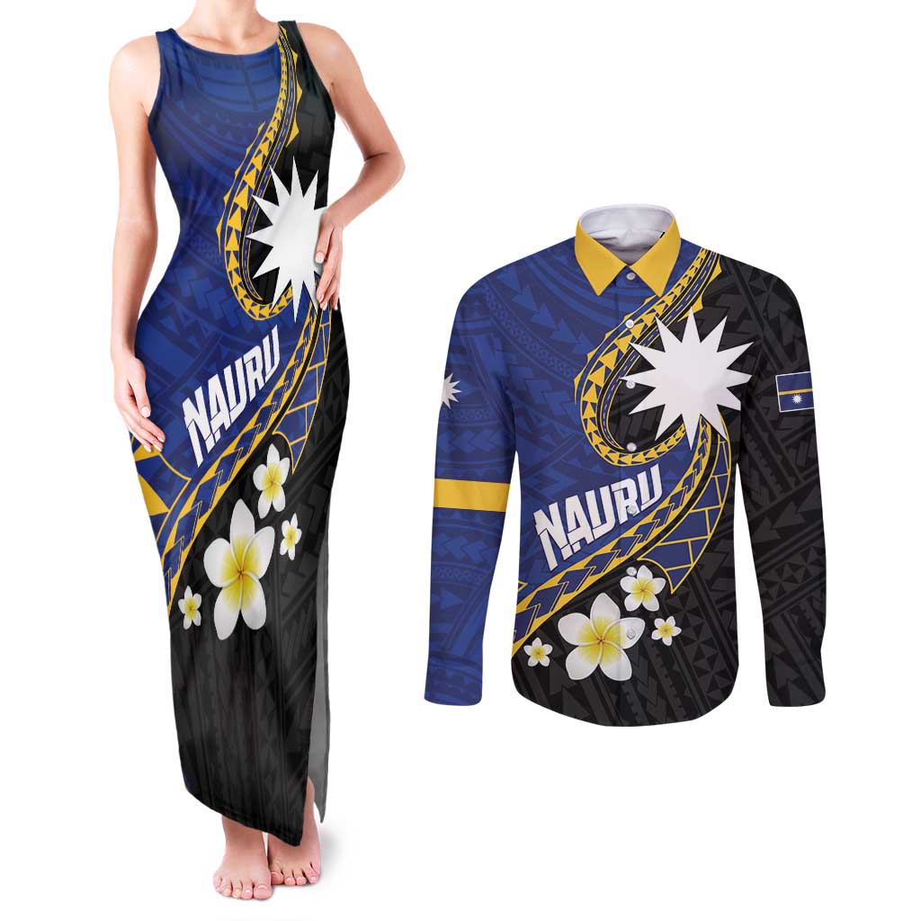 Personalised Nauru Couples Matching Tank Maxi Dress and Long Sleeve Button Shirt Naoero Proud Plumeria LT01 Blue - Polynesian Pride