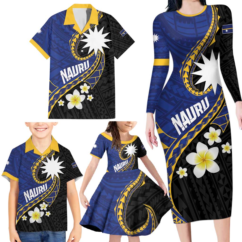 Personalised Nauru Family Matching Long Sleeve Bodycon Dress and Hawaiian Shirt Naoero Proud Plumeria LT01 - Polynesian Pride