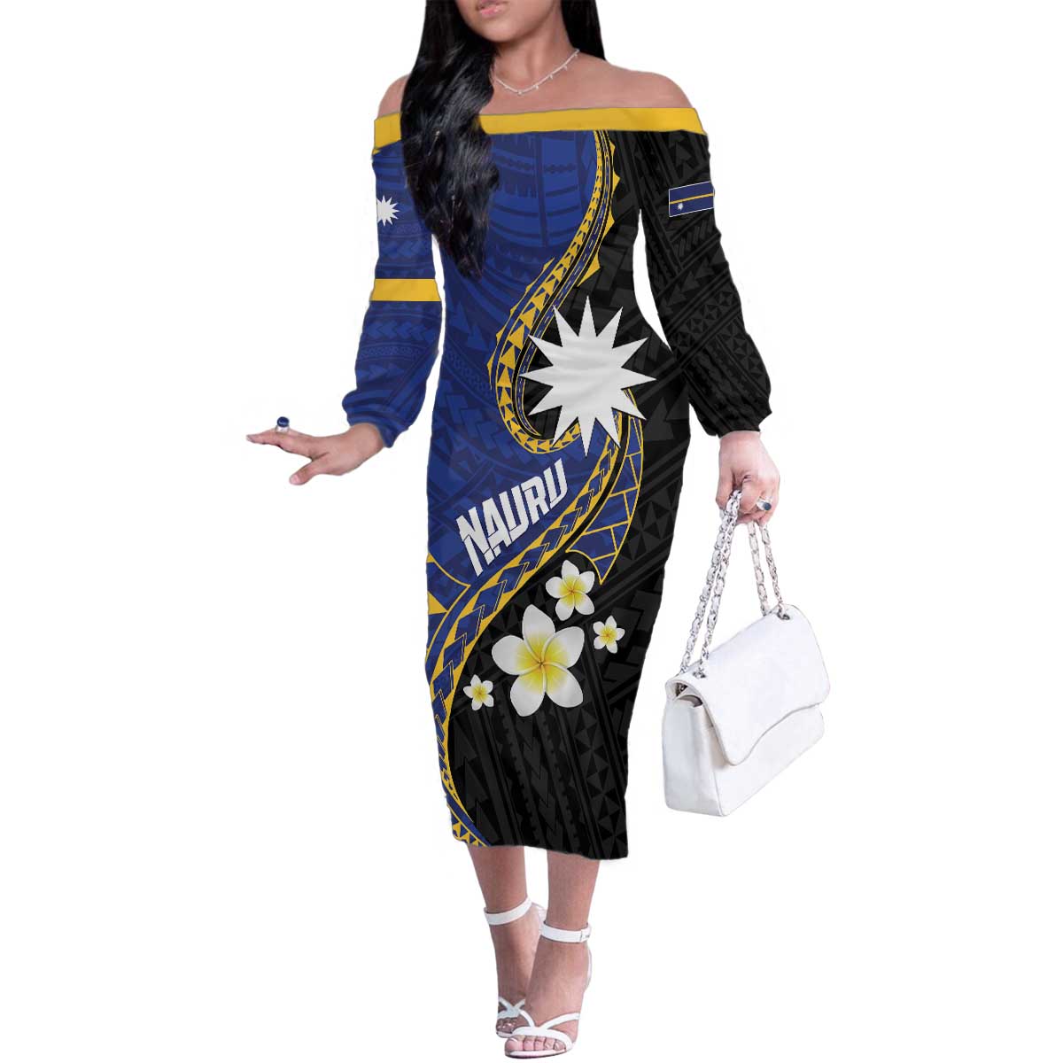Personalised Nauru Family Matching Off The Shoulder Long Sleeve Dress and Hawaiian Shirt Naoero Proud Plumeria LT01 Mom's Dress Blue - Polynesian Pride