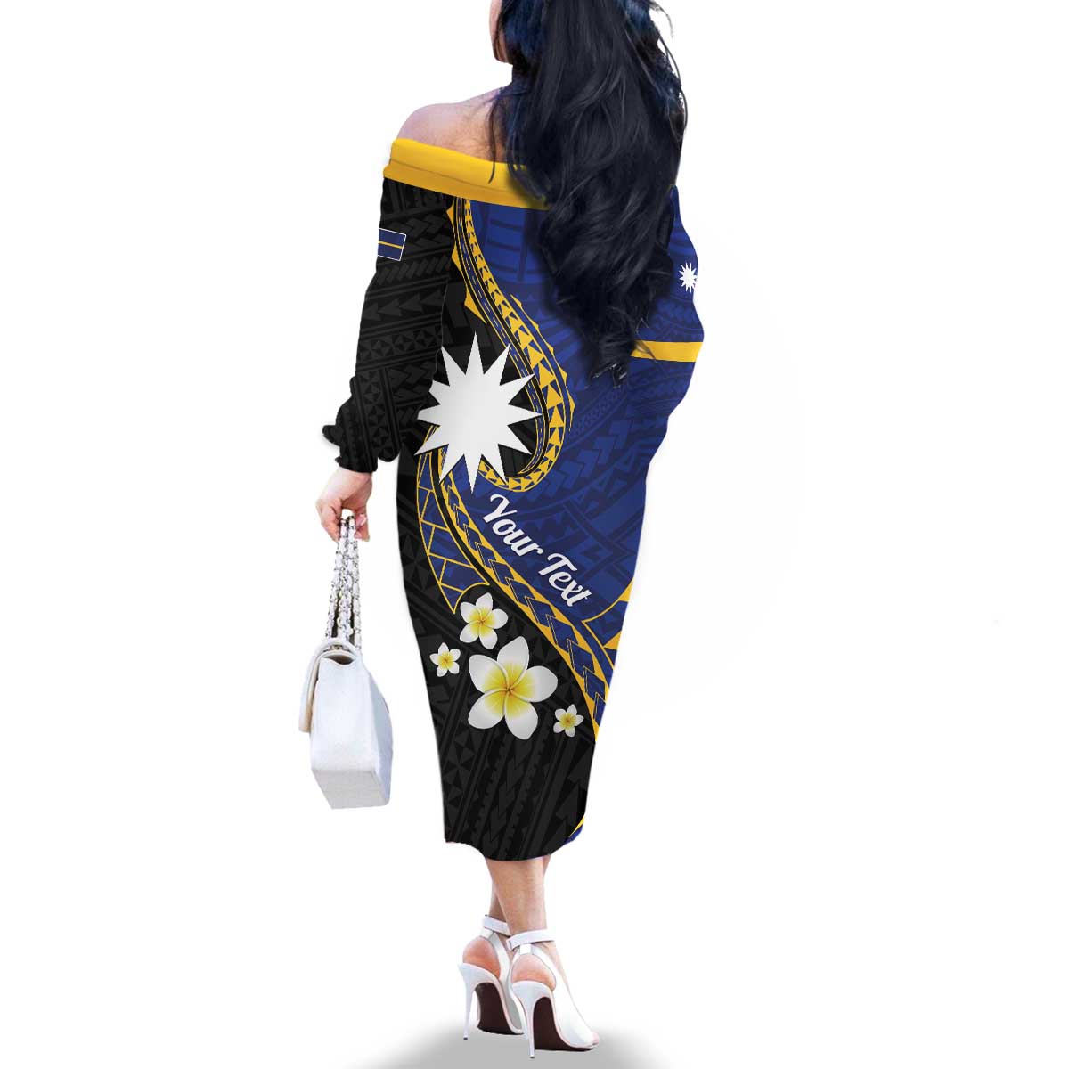 Personalised Nauru Family Matching Off The Shoulder Long Sleeve Dress and Hawaiian Shirt Naoero Proud Plumeria LT01 - Polynesian Pride