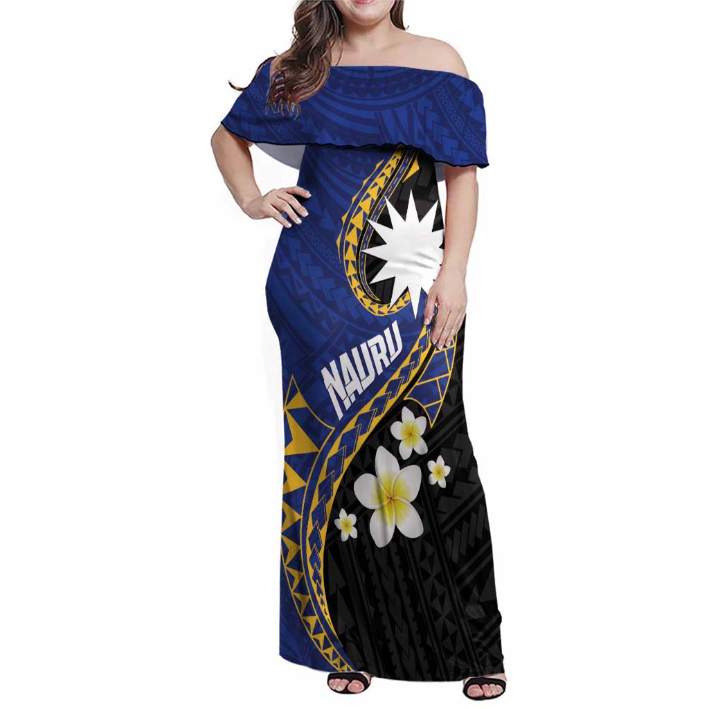 Personalised Nauru Family Matching Off Shoulder Maxi Dress and Hawaiian Shirt Naoero Proud Plumeria LT01 Mom's Dress Blue - Polynesian Pride