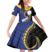 Personalised Nauru Family Matching Off Shoulder Short Dress and Hawaiian Shirt Naoero Proud Plumeria LT01 Daughter's Dress Blue - Polynesian Pride