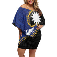 Personalised Nauru Family Matching Off Shoulder Short Dress and Hawaiian Shirt Naoero Proud Plumeria LT01 Mom's Dress Blue - Polynesian Pride