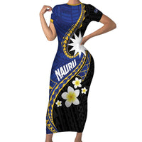 Personalised Nauru Family Matching Short Sleeve Bodycon Dress and Hawaiian Shirt Naoero Proud Plumeria LT01 Mom's Dress Blue - Polynesian Pride