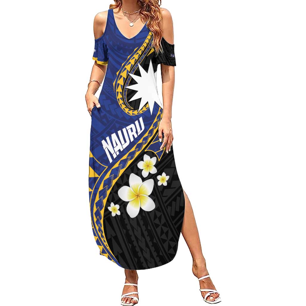 Personalised Nauru Family Matching Summer Maxi Dress and Hawaiian Shirt Naoero Proud Plumeria LT01 Mom's Dress Blue - Polynesian Pride