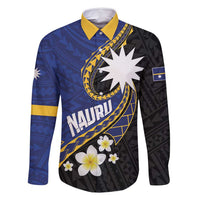 Personalised Nauru Family Matching Tank Maxi Dress and Hawaiian Shirt Naoero Proud Plumeria LT01 Dad's Shirt - Long Sleeve Blue - Polynesian Pride