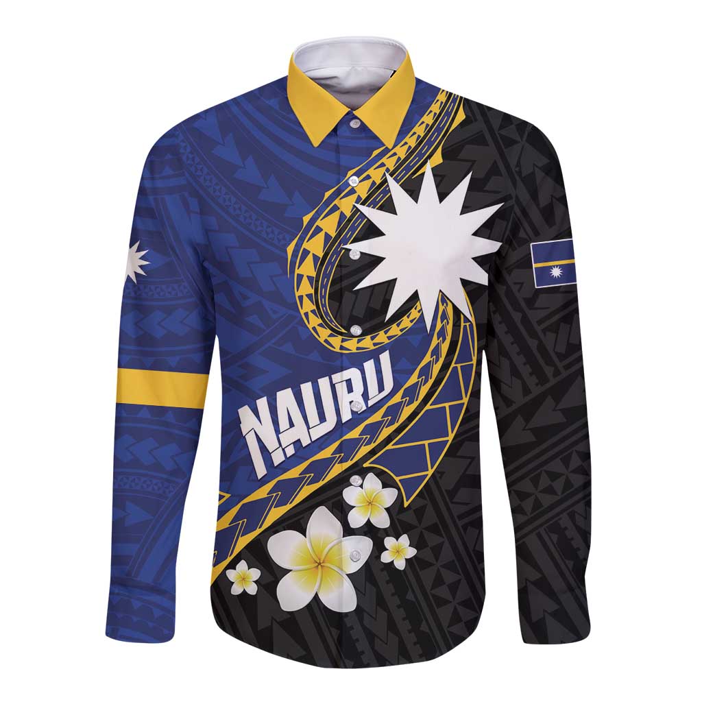 Personalised Nauru Long Sleeve Button Shirt Naoero Proud Plumeria LT01 Unisex Blue - Polynesian Pride