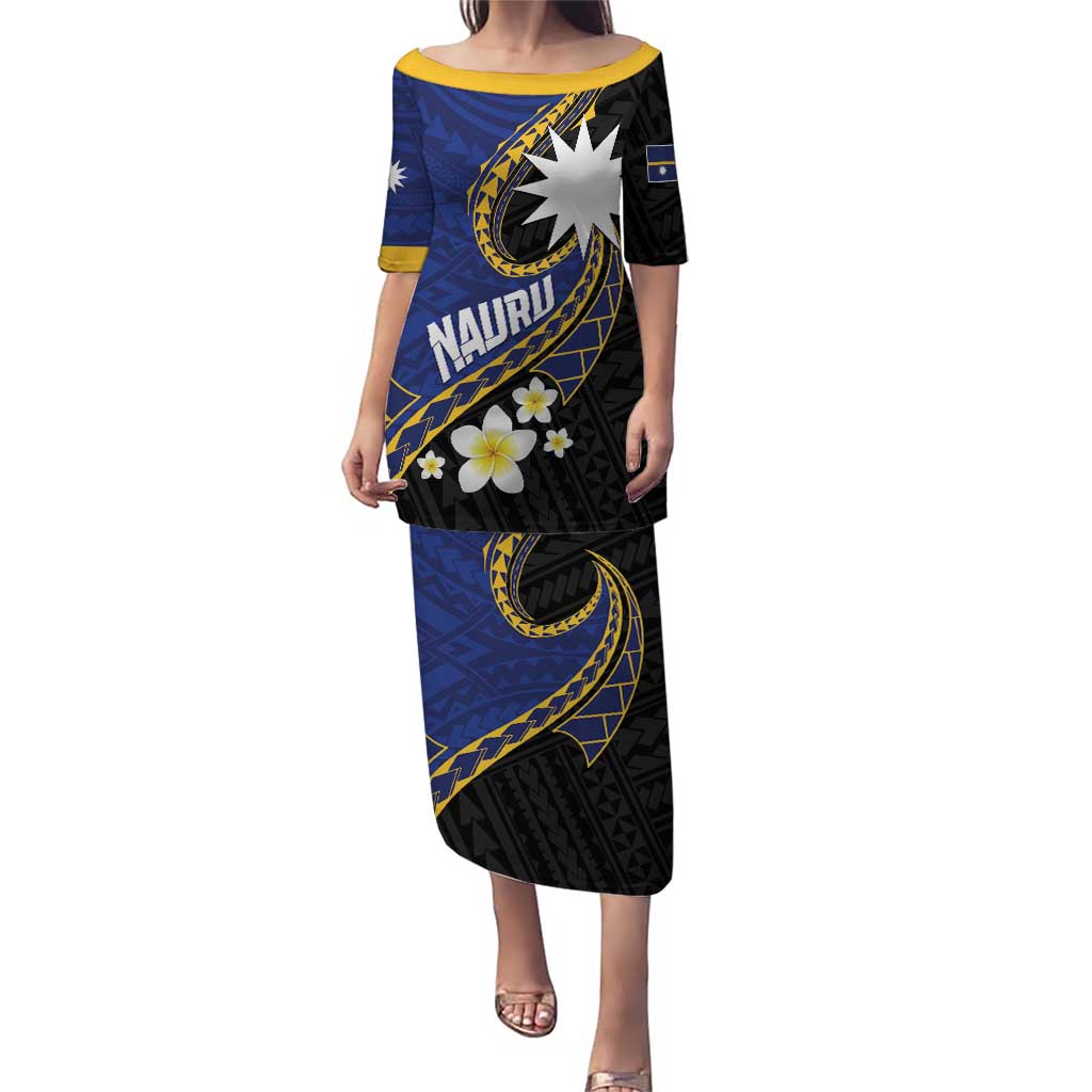 Personalised Nauru Puletasi Naoero Proud Plumeria LT01 Long Dress Blue - Polynesian Pride