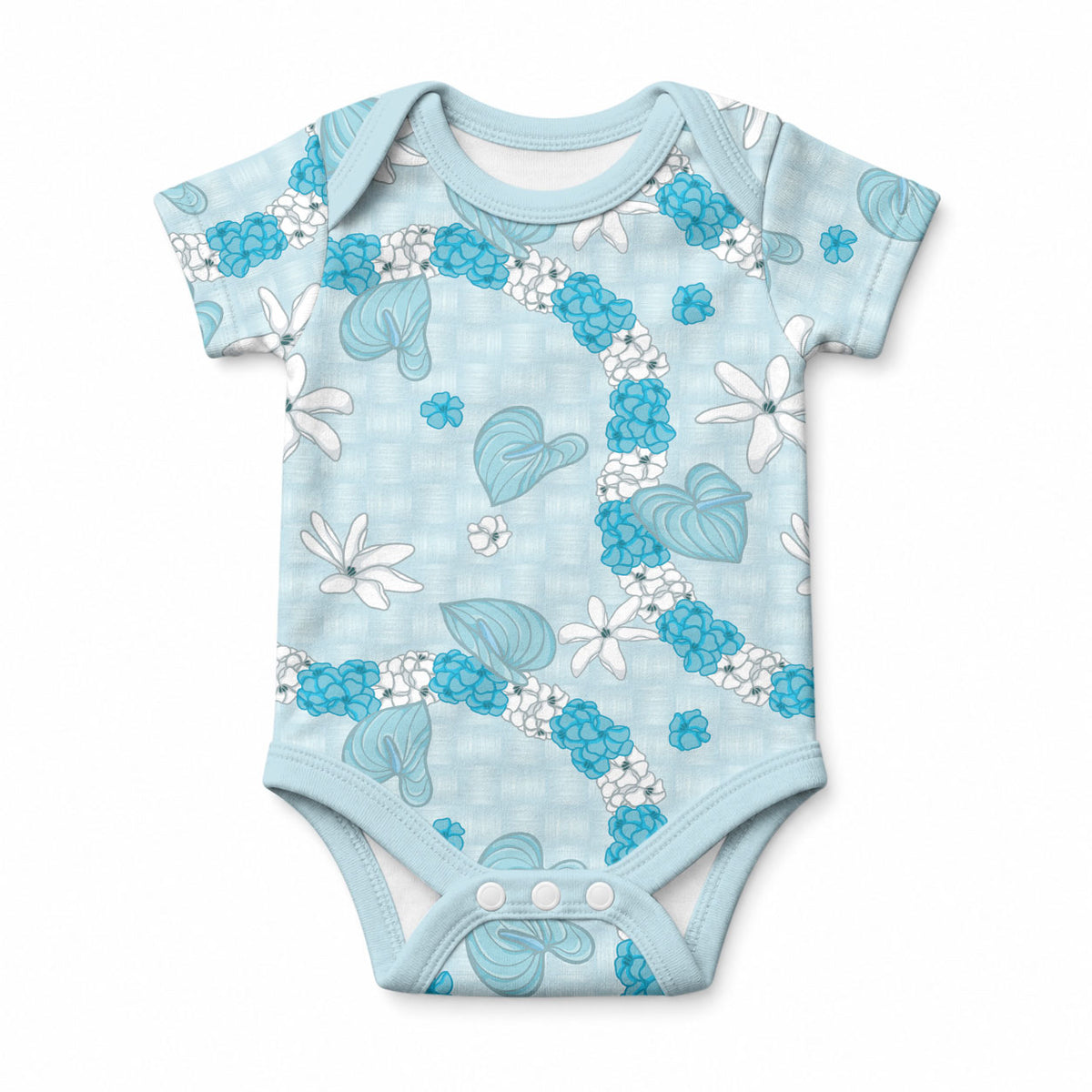 Hawaii Anthurium Tiare Pikake Lei Baby Onesie UliUli Lauhala Art Pattern LT01 Blue - Polynesian Pride