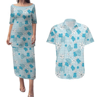 Hawaii Anthurium Tiare Pikake Lei Couples Matching Puletasi and Hawaiian Shirt UliUli Lauhala Art Pattern