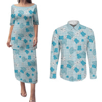 Hawaii Anthurium Tiare Pikake Lei Couples Matching Puletasi and Long Sleeve Button Shirt UliUli Lauhala Art Pattern