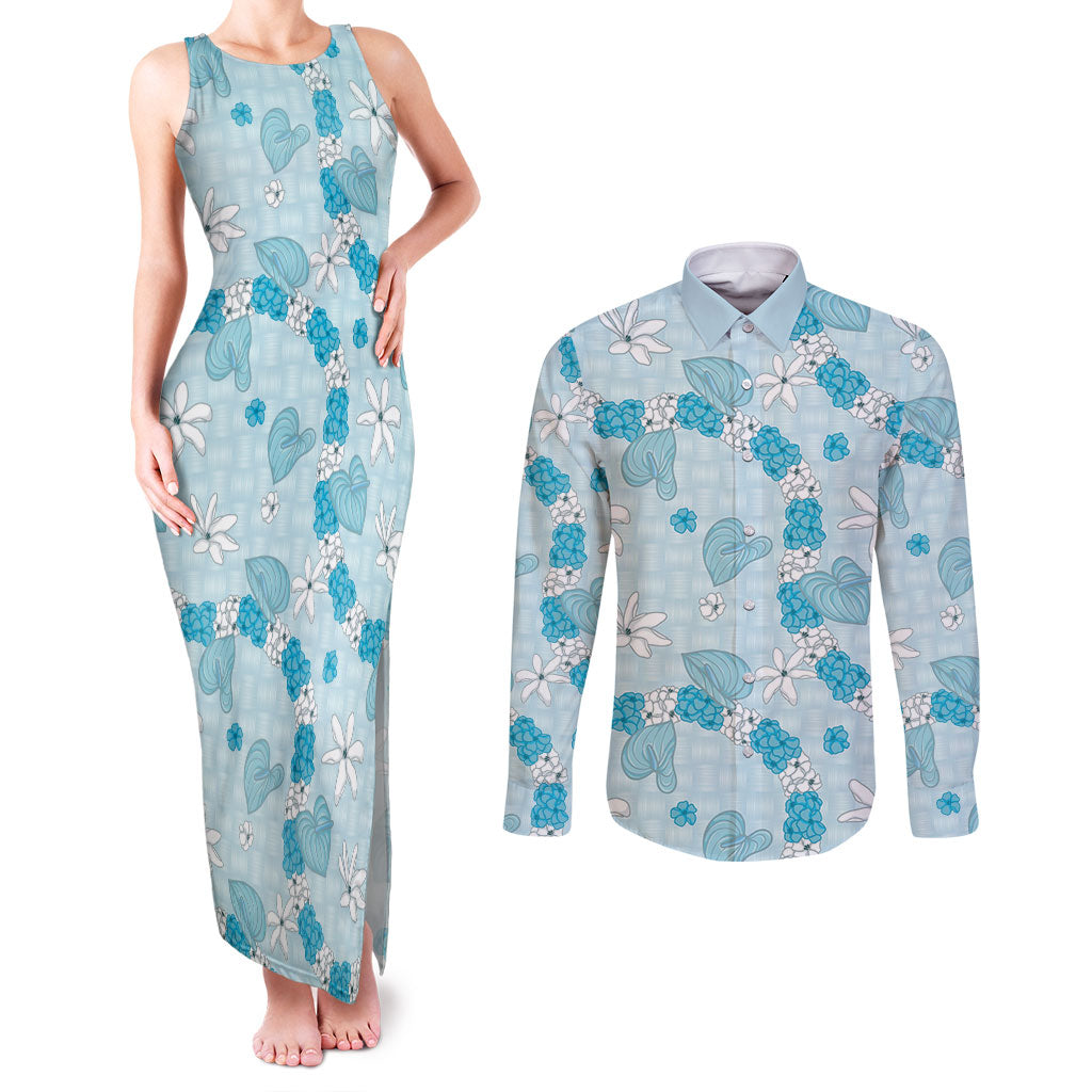 Hawaii Anthurium Tiare Pikake Lei Couples Matching Tank Maxi Dress and Long Sleeve Button Shirt UliUli Lauhala Art Pattern